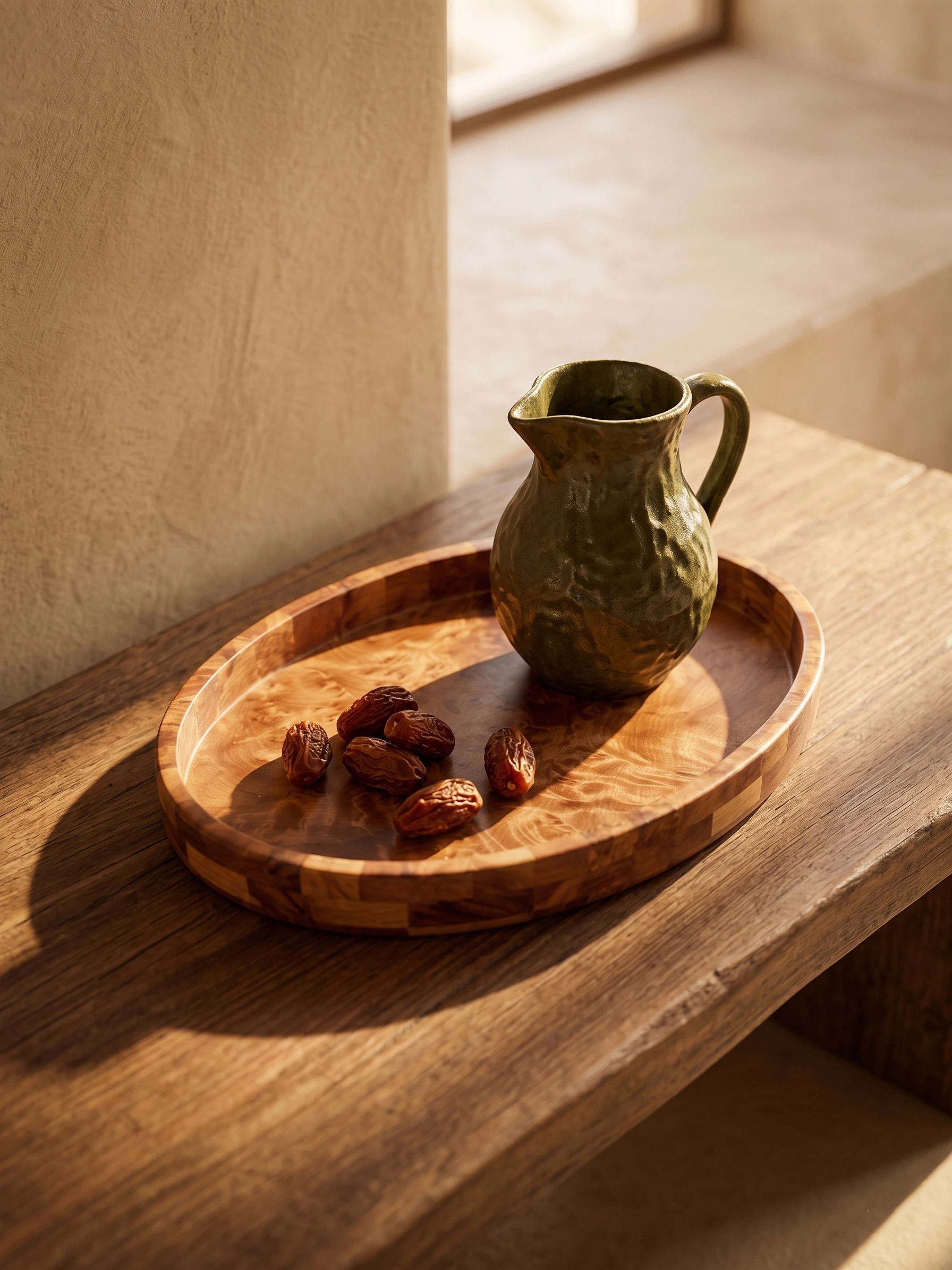Artbeldy inlaid thuya wood serving tray styled with a rustic green ceramic pitcher and natural dates in warm sunlight on a solid wooden bench.