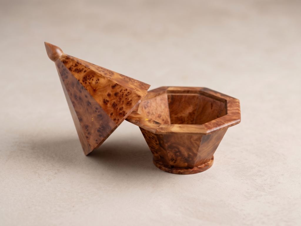 Open faceted thuya burl wood keepsake box resting on a neutral stone surface, showcasing the octagonal interior and tall geometric lid.