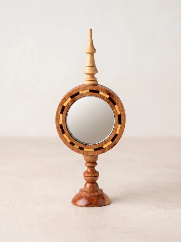 Straight-on studio view of the round thuya wood tabletop mirror, showcasing the turned pedestal base, geometric inlaid frame, and tall decorative finial on a neutral background.