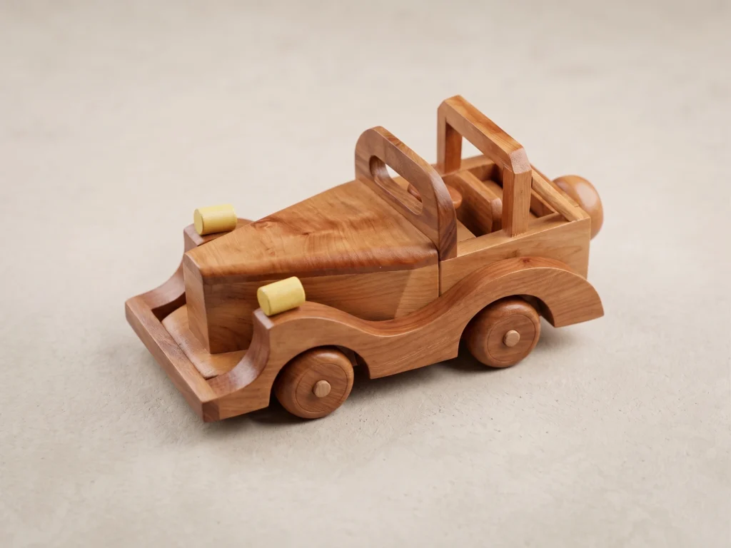 Studio angle of the solid thuya burl wood toy car, showcasing the vintage convertible design, headlamps, and rolling wheels on a neutral stone surface.