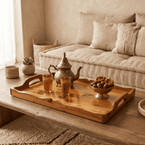 Traditional Moroccan brass teapot, tea glasses, and dates displayed on the Artbeldy artisan Arar wood tray in a warm, earthy-toned living room setting.
