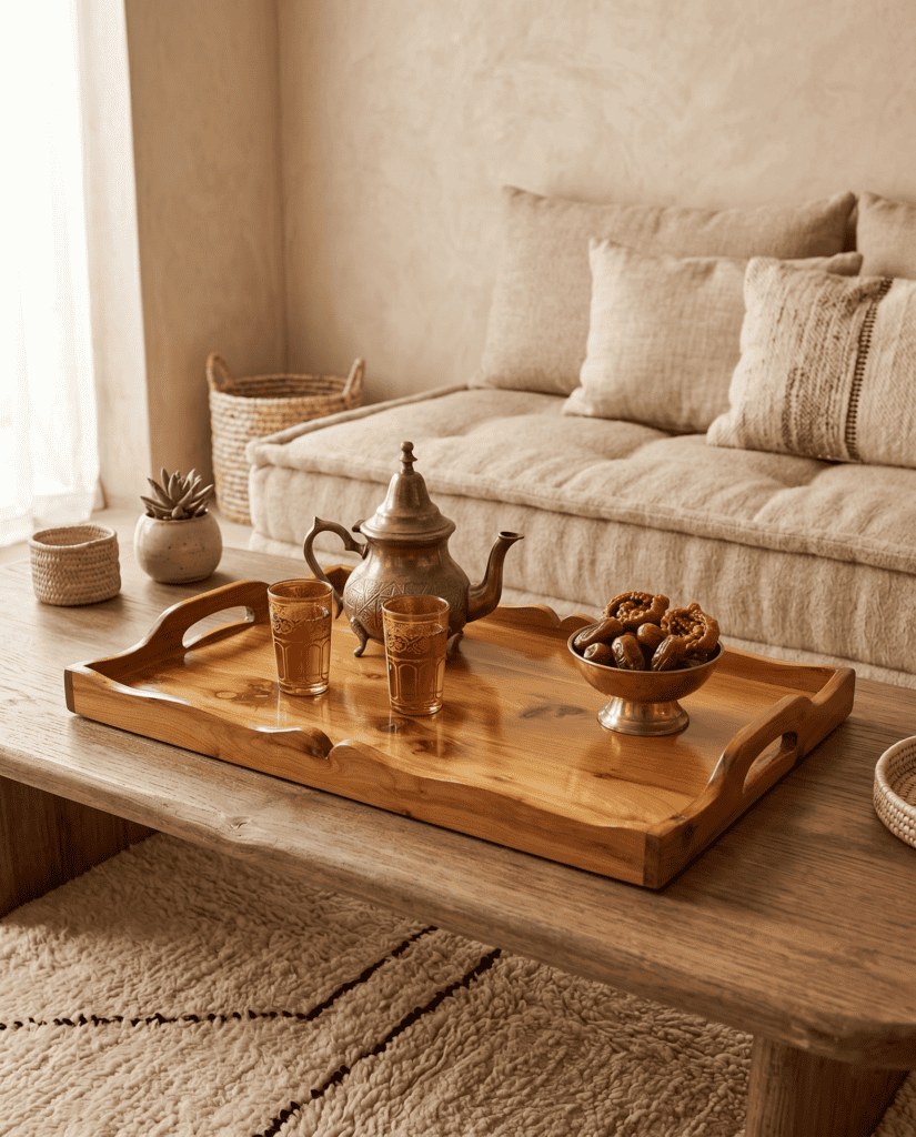 Traditional Moroccan brass teapot, tea glasses, and dates displayed on the Artbeldy artisan Arar wood tray in a warm, earthy-toned living room setting.