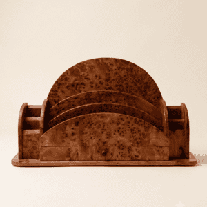 Studio front view of the Moroccan thuya wood desk organizer, showcasing the symmetrical arched dividers, side pen compartments, and integrated bottom drawer.