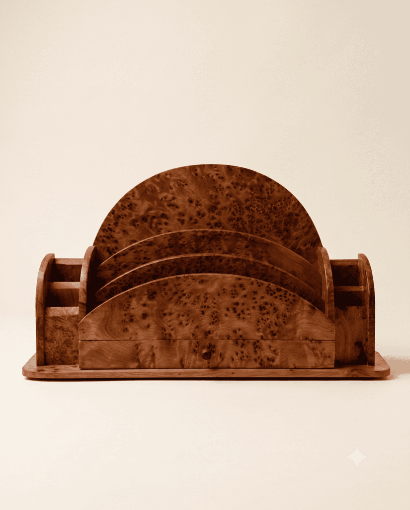 Studio front view of the Moroccan thuya wood desk organizer, showcasing the symmetrical arched dividers, side pen compartments, and integrated bottom drawer.