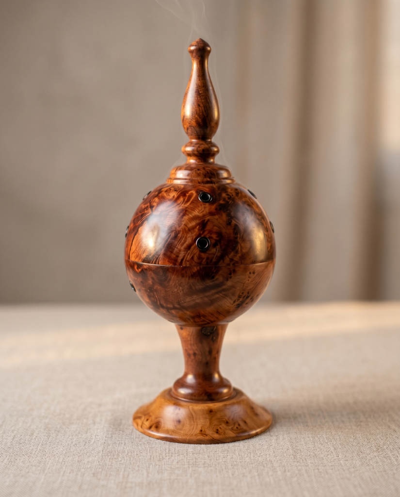 Front profile of the closed Moroccan thuya wood incense burner, showcasing the rich burl wood grain and minimalist smoke vents on a soft linen surface.