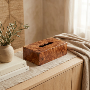 Minimalist Moroccan thuya burl tissue box styled on a modern oak sideboard with a linen runner and a ceramic vase of olive branches.