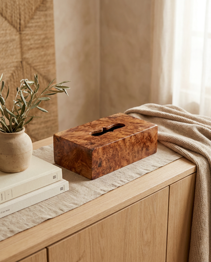 Minimalist Moroccan thuya burl tissue box styled on a modern oak sideboard with a linen runner and a ceramic vase of olive branches.