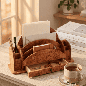 Styled home office setup featuring the solid arar wood desk organizer holding mail, notebooks, and pens on a wooden desk next to a cup of tea.