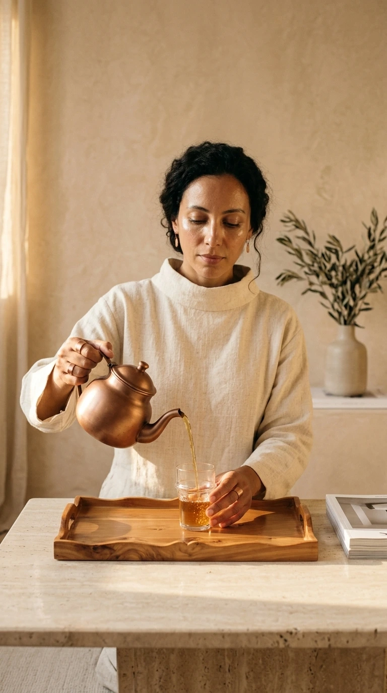 Pouring Moroccan tea from a handcrafted copper teapot over a solid wood serving tray